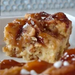Delicious caramel bread pudding topped with caramel sauce and whipped cream.