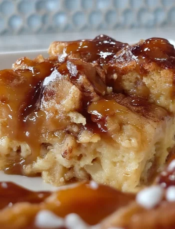 Delicious caramel bread pudding topped with caramel sauce and whipped cream.