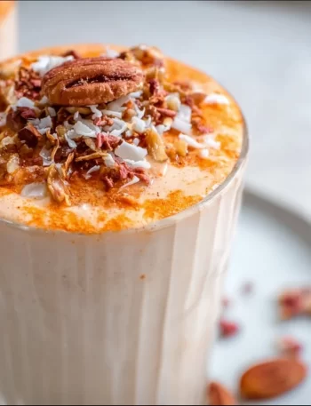 Carrot Cake Smoothie in a glass topped with cream and spices