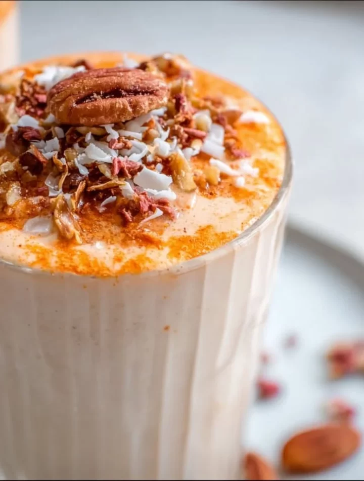 Carrot Cake Smoothie in a glass topped with cream and spices