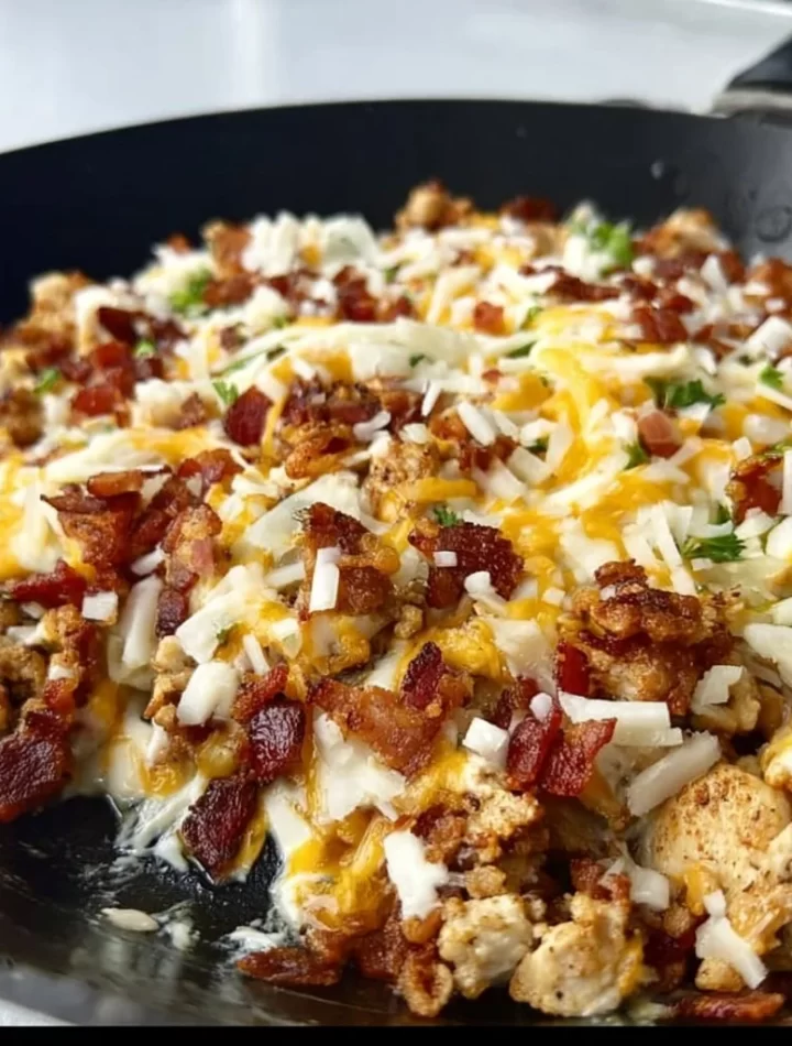 Delicious Chicken Bacon Ranch Skillet with crispy bacon and creamy ranch sauce
