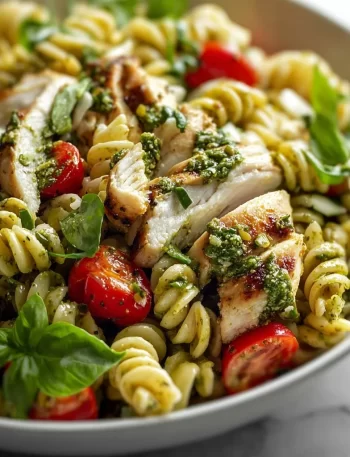 Delicious Chicken Pesto Pasta Salad with fresh ingredients and vibrant colors