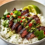 Cilantro Lime Steak and Rice Bowls with fresh ingredients and vibrant colors
