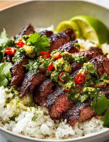 Cilantro Lime Steak and Rice Bowls with fresh ingredients and vibrant colors