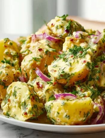 Classic mustard potato salad in a bowl, perfect for potlucks and gatherings.