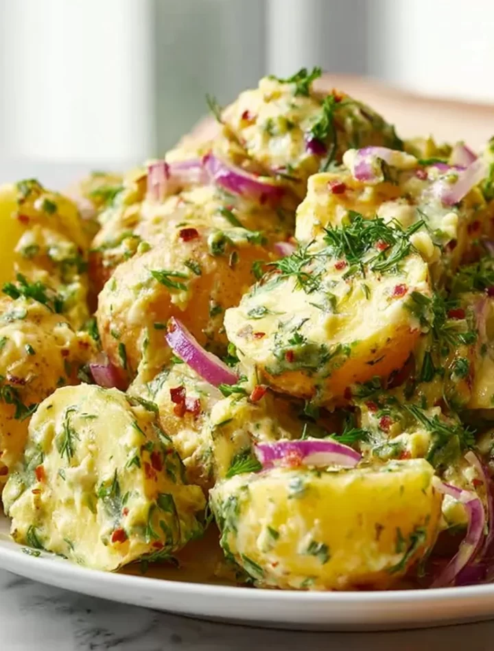 Classic mustard potato salad in a bowl, perfect for potlucks and gatherings.
