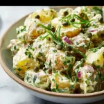 Delicious classic potato salad with capers in a bowl, garnished and ready to serve.