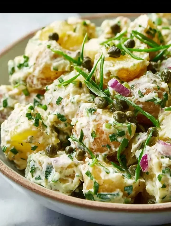 Delicious classic potato salad with capers in a bowl, garnished and ready to serve.