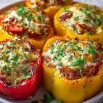 Colorful classic stuffed peppers filled with rice, meat, and spices.