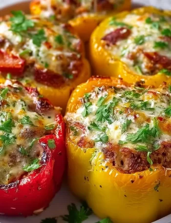 Colorful classic stuffed peppers filled with rice, meat, and spices.