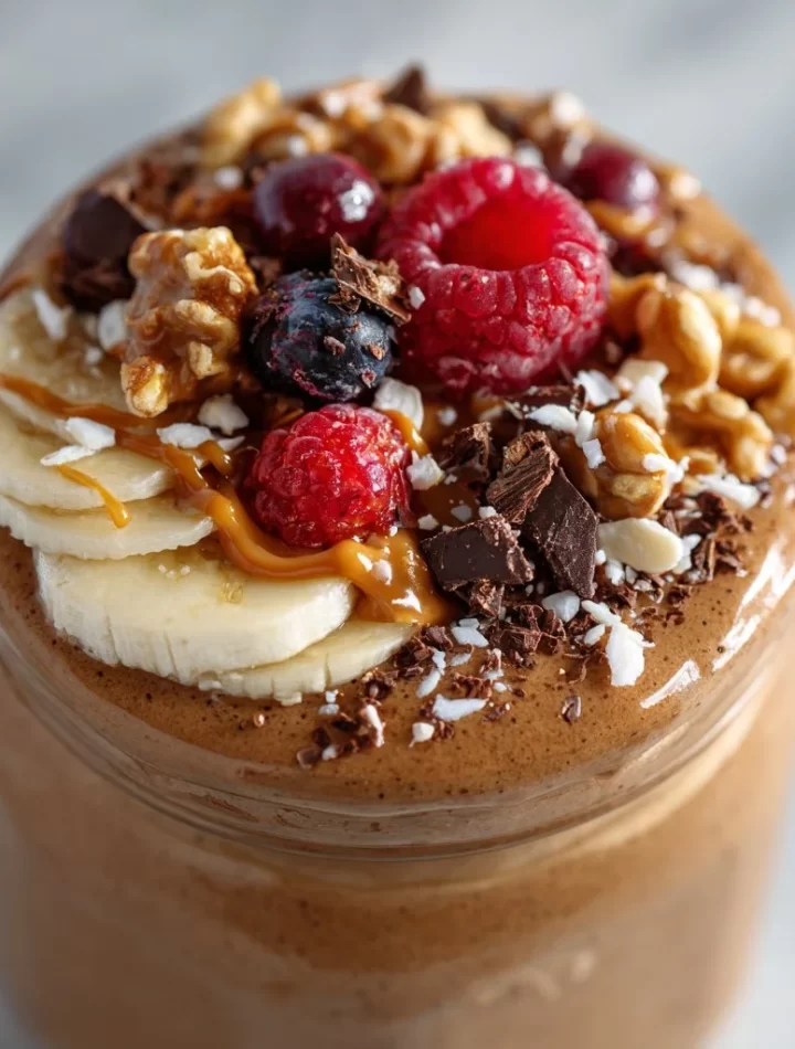 A delicious coffee smoothie jar filled with nutritious ingredients.