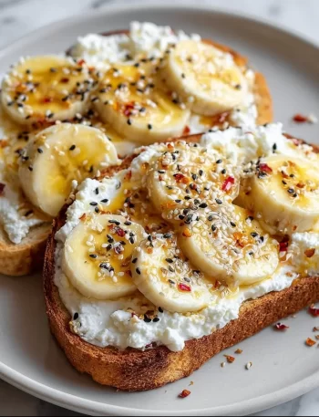 Cottage Cheese and Banana Toast topped with slices of banana.