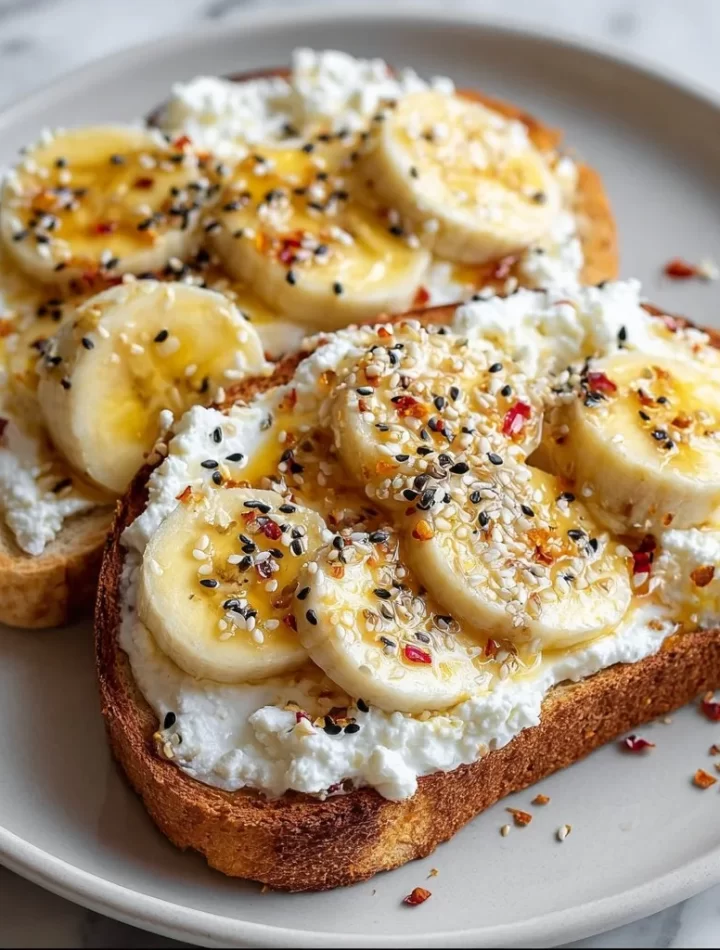 Cottage Cheese and Banana Toast topped with slices of banana.