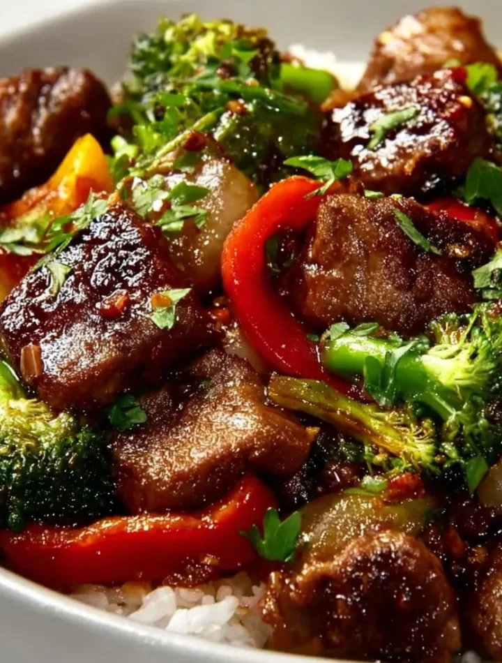 Cowboy stir fry with colorful vegetables in a skillet, ready for dinner.
