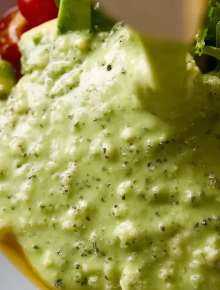 Creamy avocado lime dressing drizzled over a fresh salad bowl