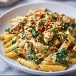Creamy chicken penne pasta with spinach and nuts in a white sauce