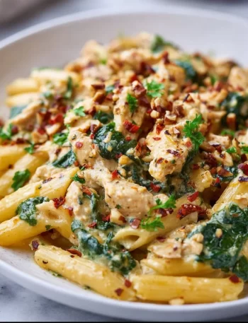 Creamy chicken penne pasta with spinach and nuts in a white sauce