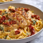 Creamy chicken with sun-dried tomatoes served over pasta in a bowl