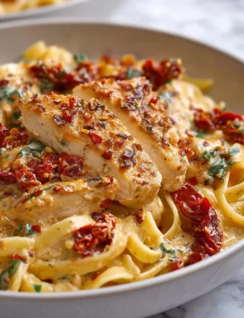 Creamy chicken with sun-dried tomatoes served over pasta in a bowl