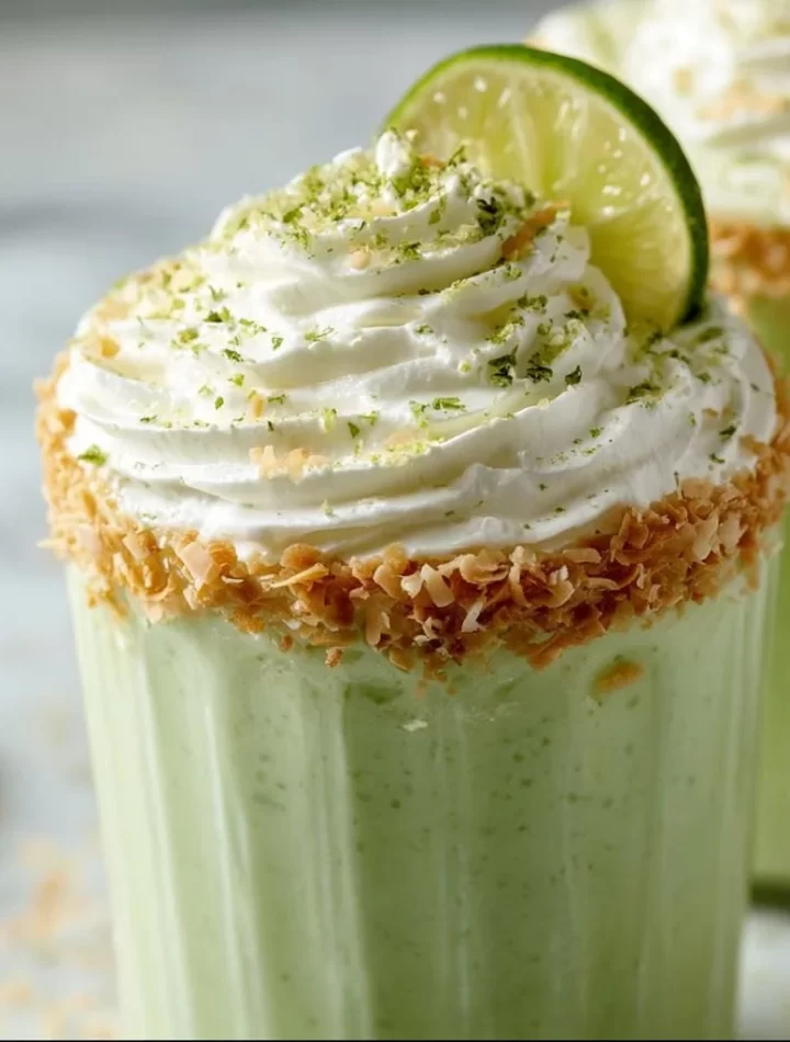 Creamy Coconut Key Lime Pie Smoothie topped with lime zest and coconut flakes