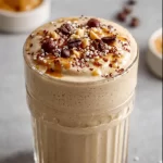Creamy coffee smoothie in a glass topped with whipped cream and coffee beans