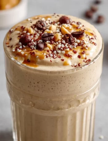 Creamy coffee smoothie in a glass topped with whipped cream and coffee beans