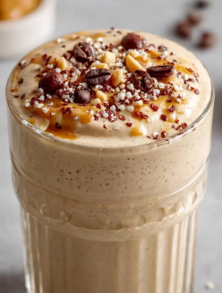 Creamy coffee smoothie in a glass topped with whipped cream and coffee beans