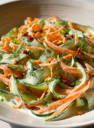 Creamy cucumber and carrot salad in a bowl garnished with herbs