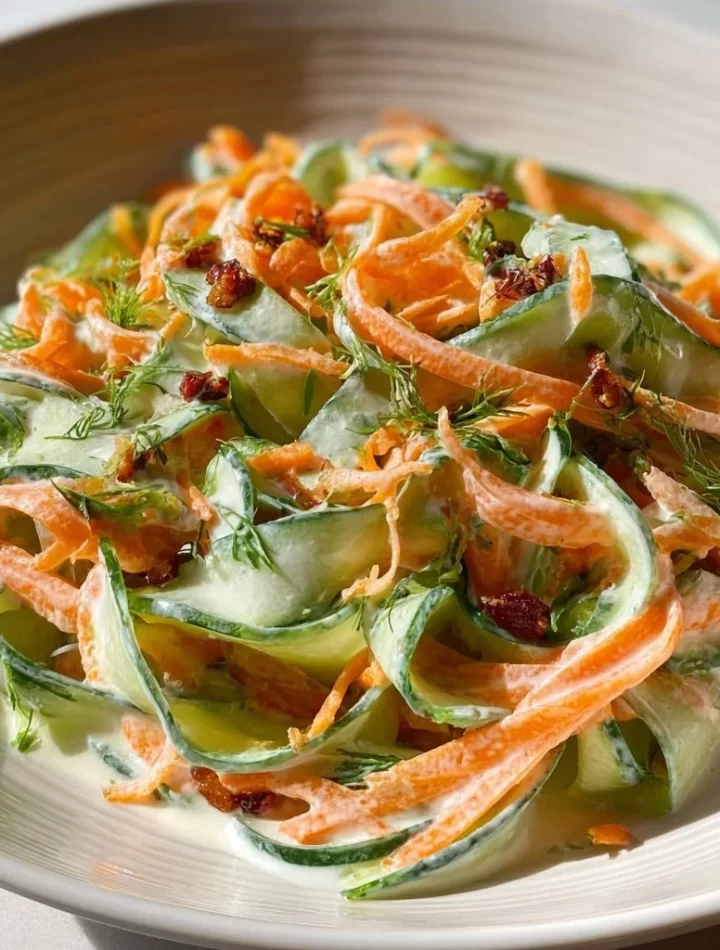 Creamy cucumber and carrot salad in a bowl garnished with herbs