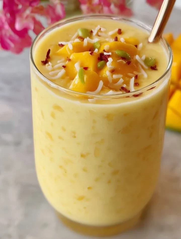 Creamy mango smoothie drink with fresh mango slices on top