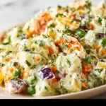 Creamy Persian Salad Olivieh served in a bowl, garnished with fresh herbs.