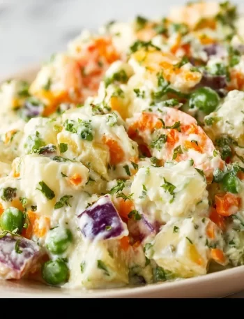 Creamy Persian Salad Olivieh served in a bowl, garnished with fresh herbs.