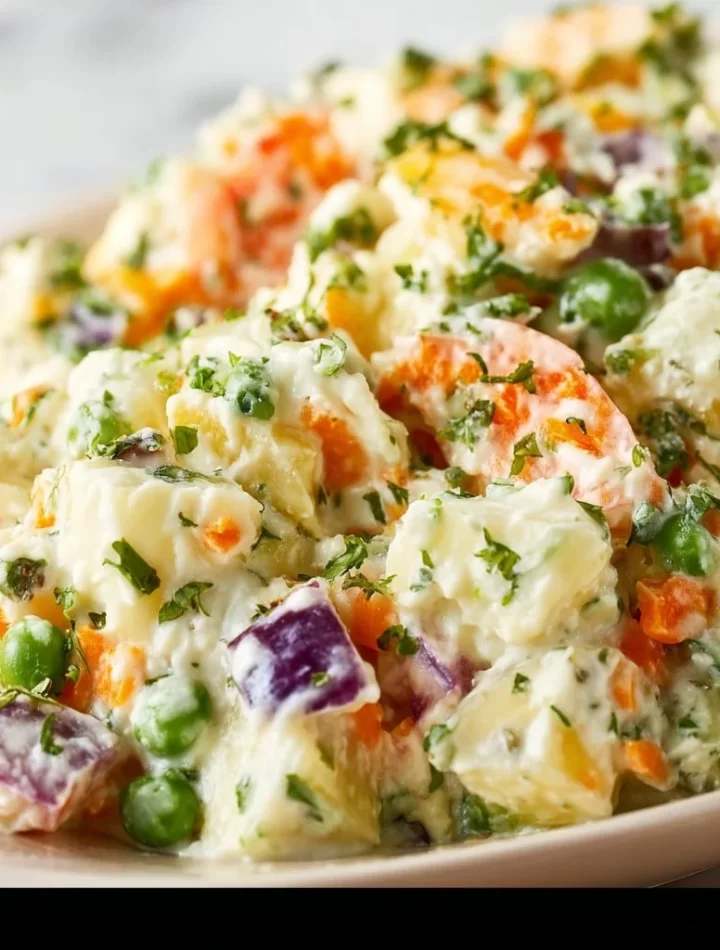 Creamy Persian Salad Olivieh served in a bowl, garnished with fresh herbs.