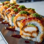 Crispy chicken tempura rolls served on a platter for summer parties