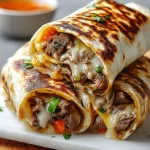 Crispy Philly cheesesteak grilled wraps on a plate with garnish