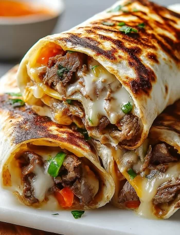 Crispy Philly cheesesteak grilled wraps on a plate with garnish