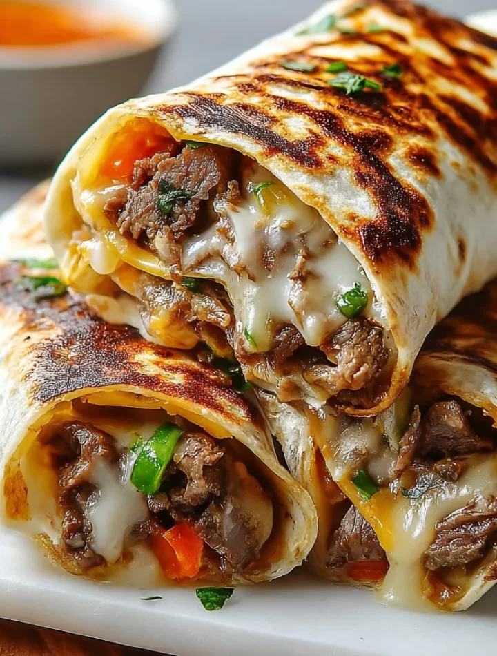 Crispy Philly cheesesteak grilled wraps on a plate with garnish