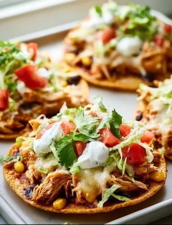 Crispy rotisserie chicken tostadas with vibrant toppings on a plate.