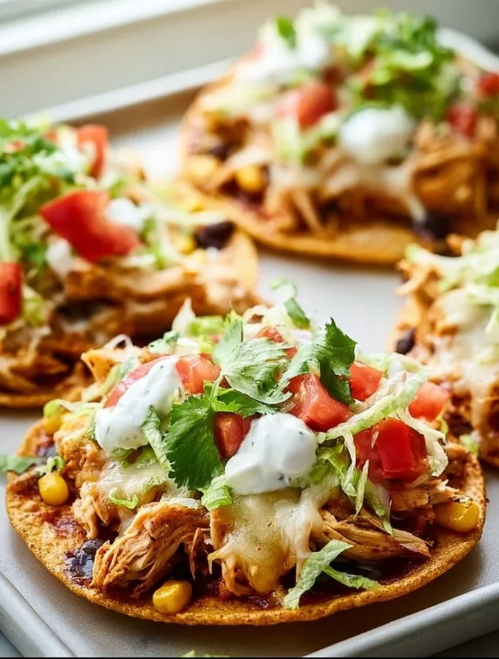 Crispy rotisserie chicken tostadas with vibrant toppings on a plate.