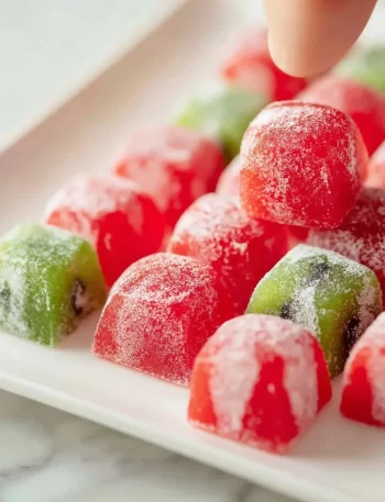Homemade watermelon mochi dessert on a plate.