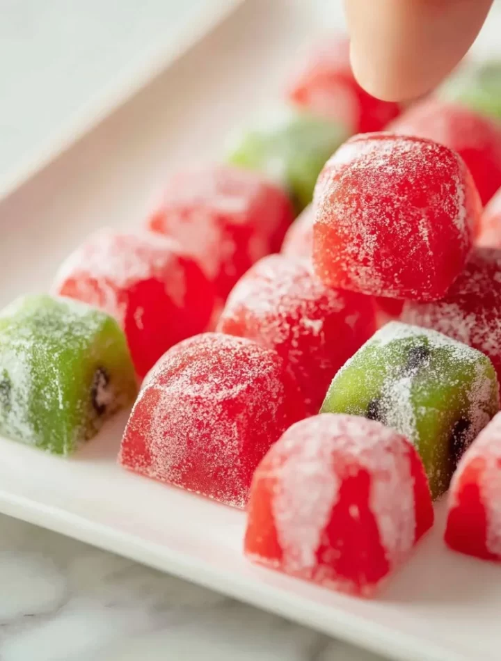 Homemade watermelon mochi dessert on a plate.
