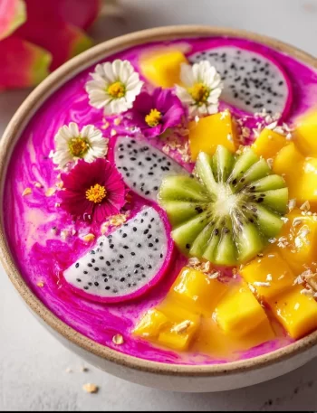 Dragon Fruit and Mango Smoothie Bowl topped with fresh fruits and seeds