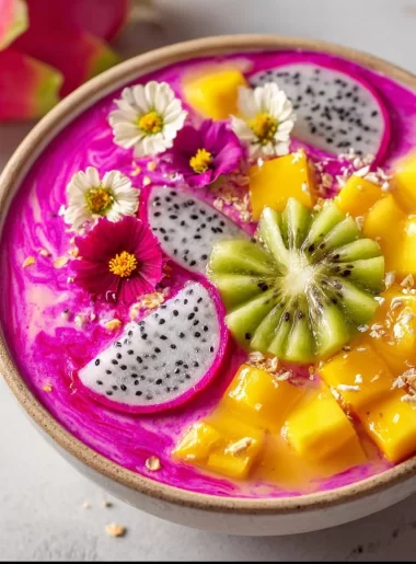 Dragon Fruit and Mango Smoothie Bowl topped with fresh fruits and seeds
