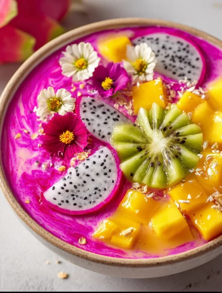 Dragon Fruit and Mango Smoothie Bowl topped with fresh fruits and seeds