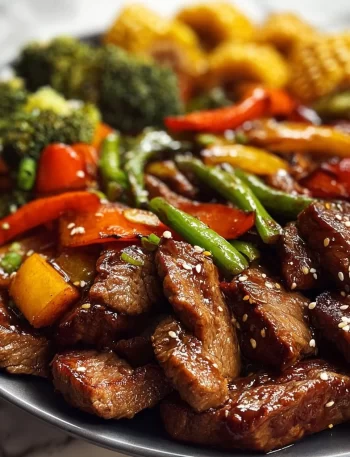 Delicious cowboy stir fry on a Blackstone grill featuring colorful vegetables and beef.