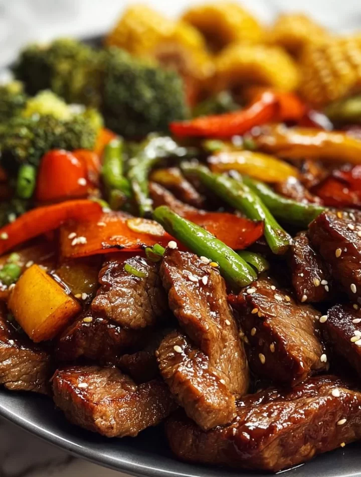 Delicious cowboy stir fry on a Blackstone grill featuring colorful vegetables and beef.