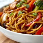 Delicious easy Blackstone Lo Mein served in a bowl with colorful vegetables