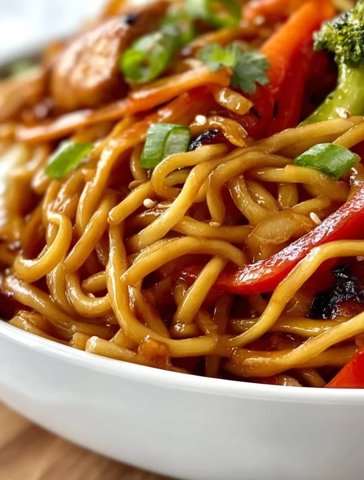 Delicious easy Blackstone Lo Mein served in a bowl with colorful vegetables