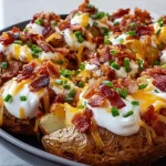 Delicious Blackstone loaded potatoes with toppings on a serving platter
