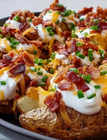 Delicious Blackstone loaded potatoes with toppings on a serving platter
